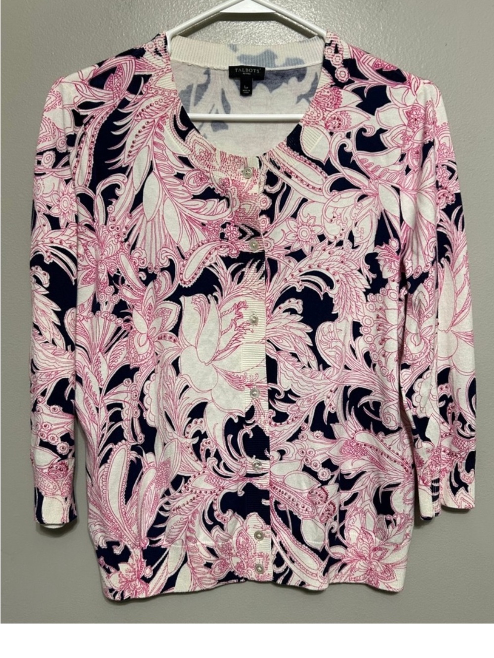 Talbots  Navy and Pink Floral Knit Cardigan LP